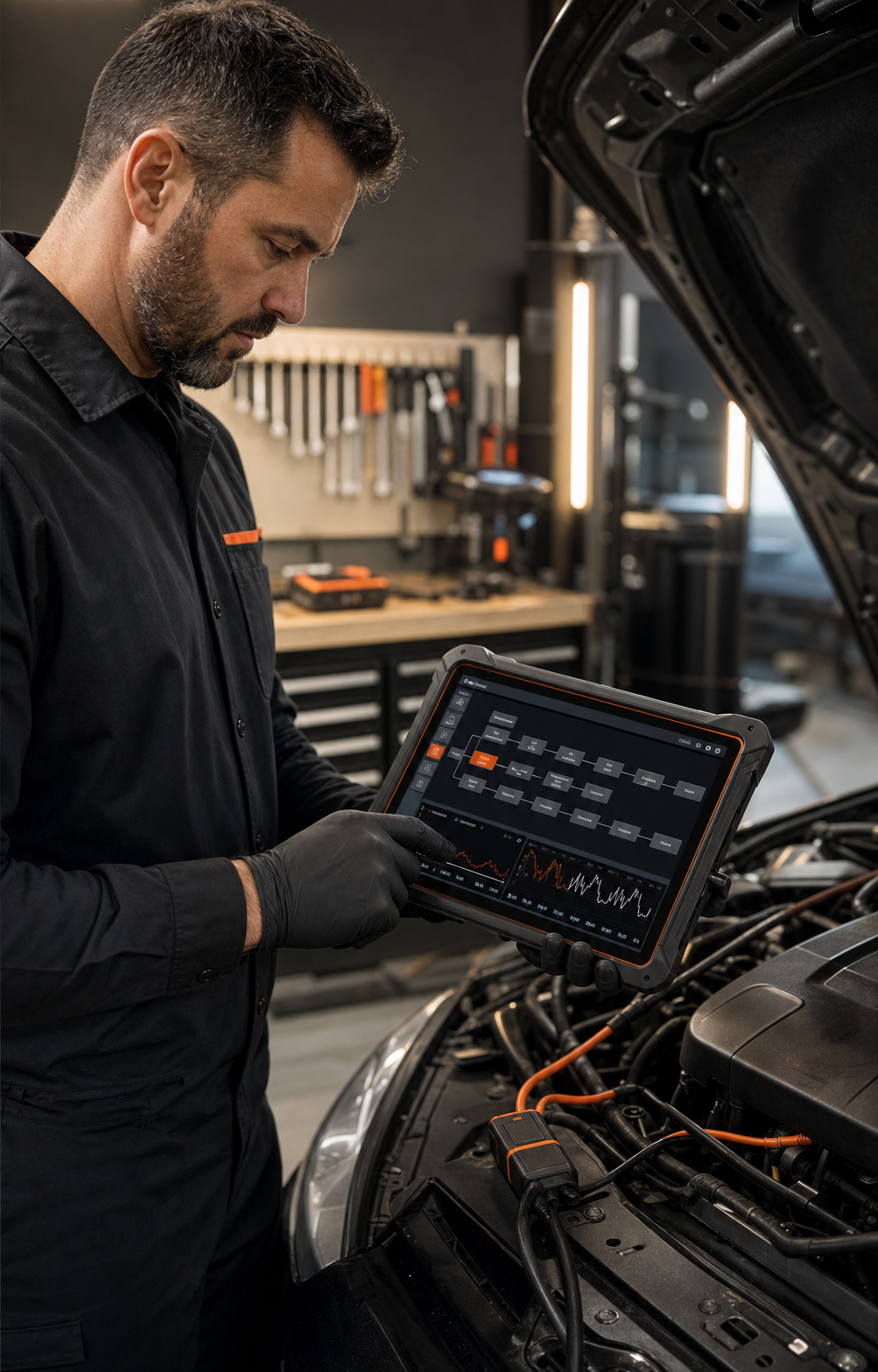 Automotive technician using an advanced vehicle diagnostic tablet